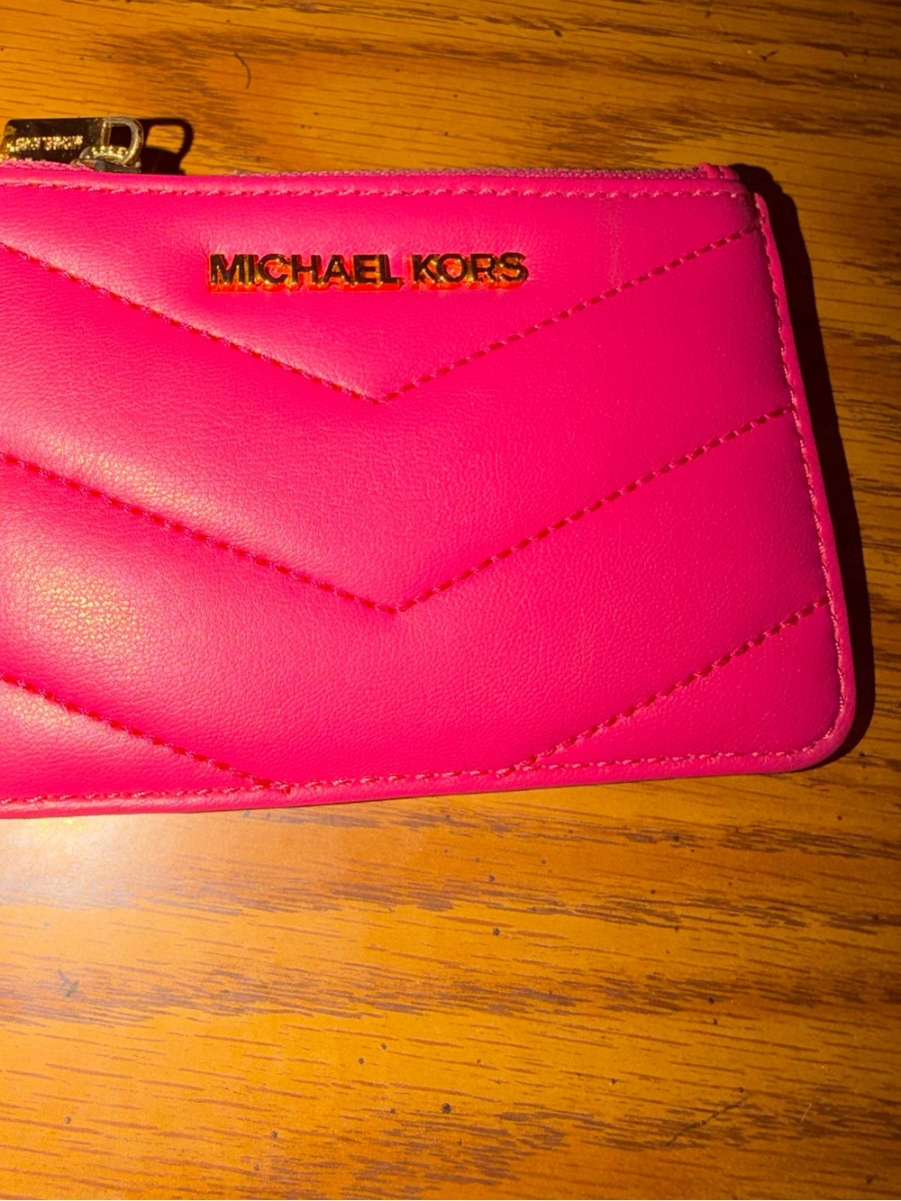 Michael Kors Hot Pink Quilted Zip Card Wallet with Gold Logo